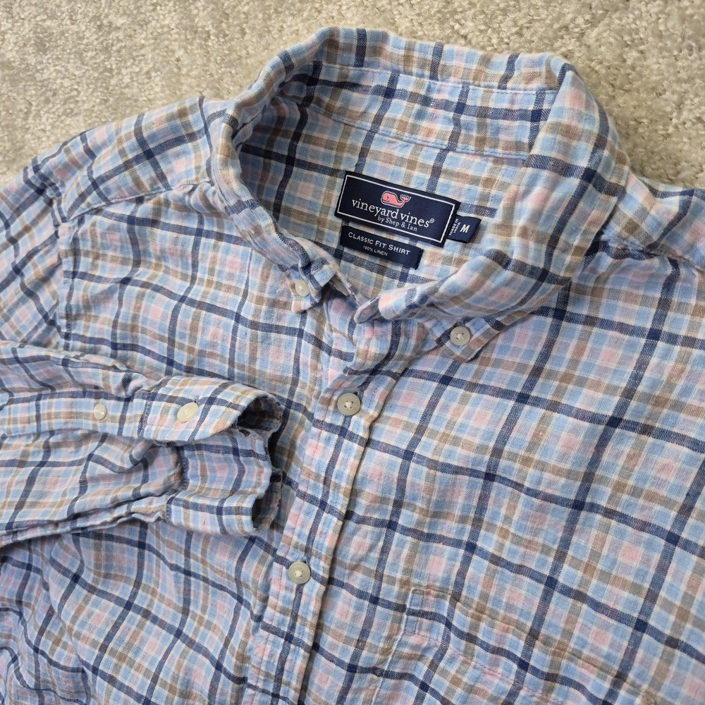 Vineyard Vines Linen Shirt Mens M Blue Plaid Classic Fit Beach Preppy Coastal